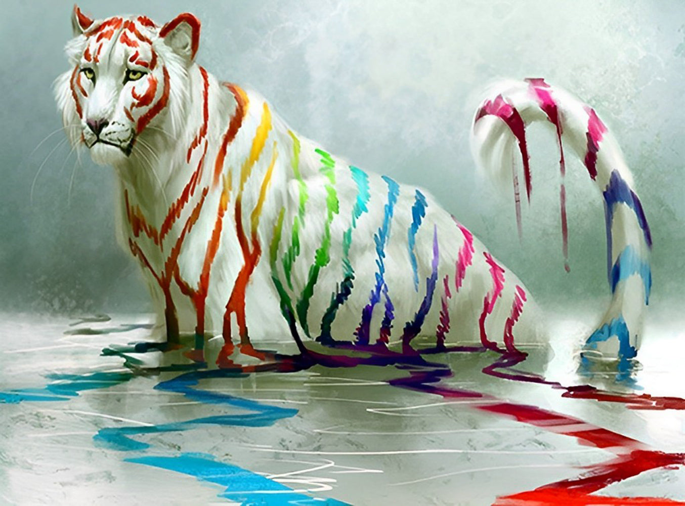 White Tiger with Rainbow Patterns Diamond Painting