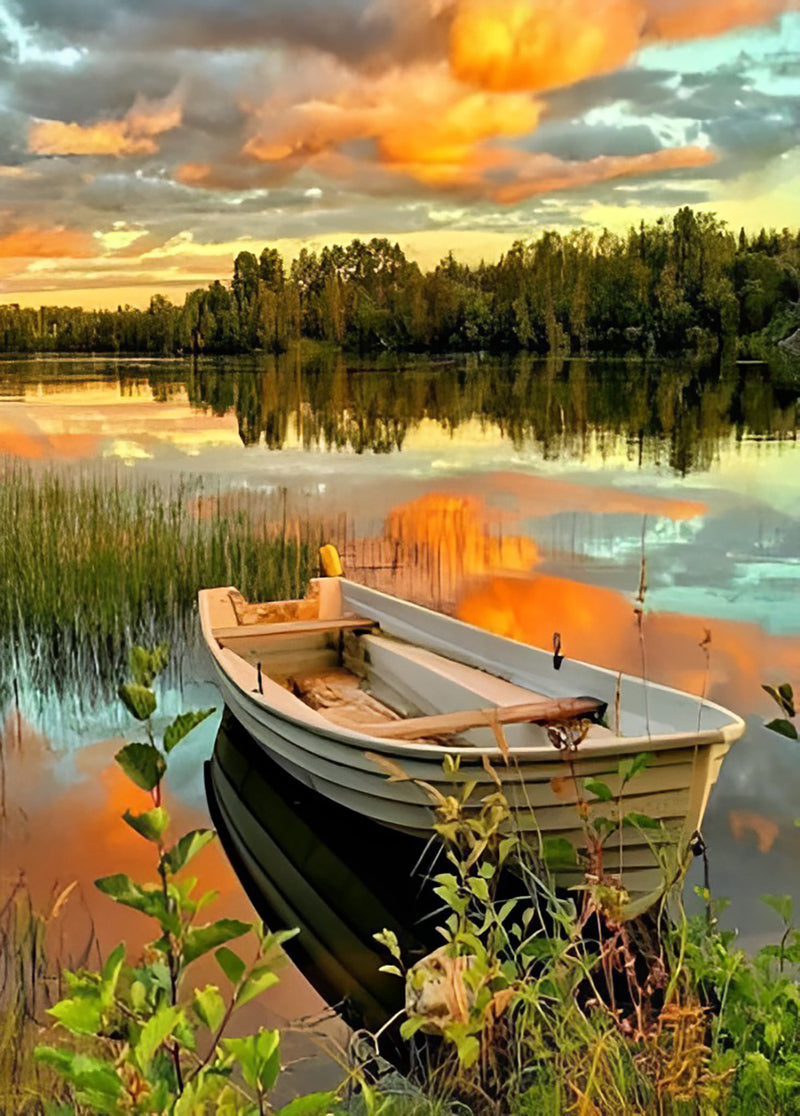 Lake, Boat and Forest Diamond Painting