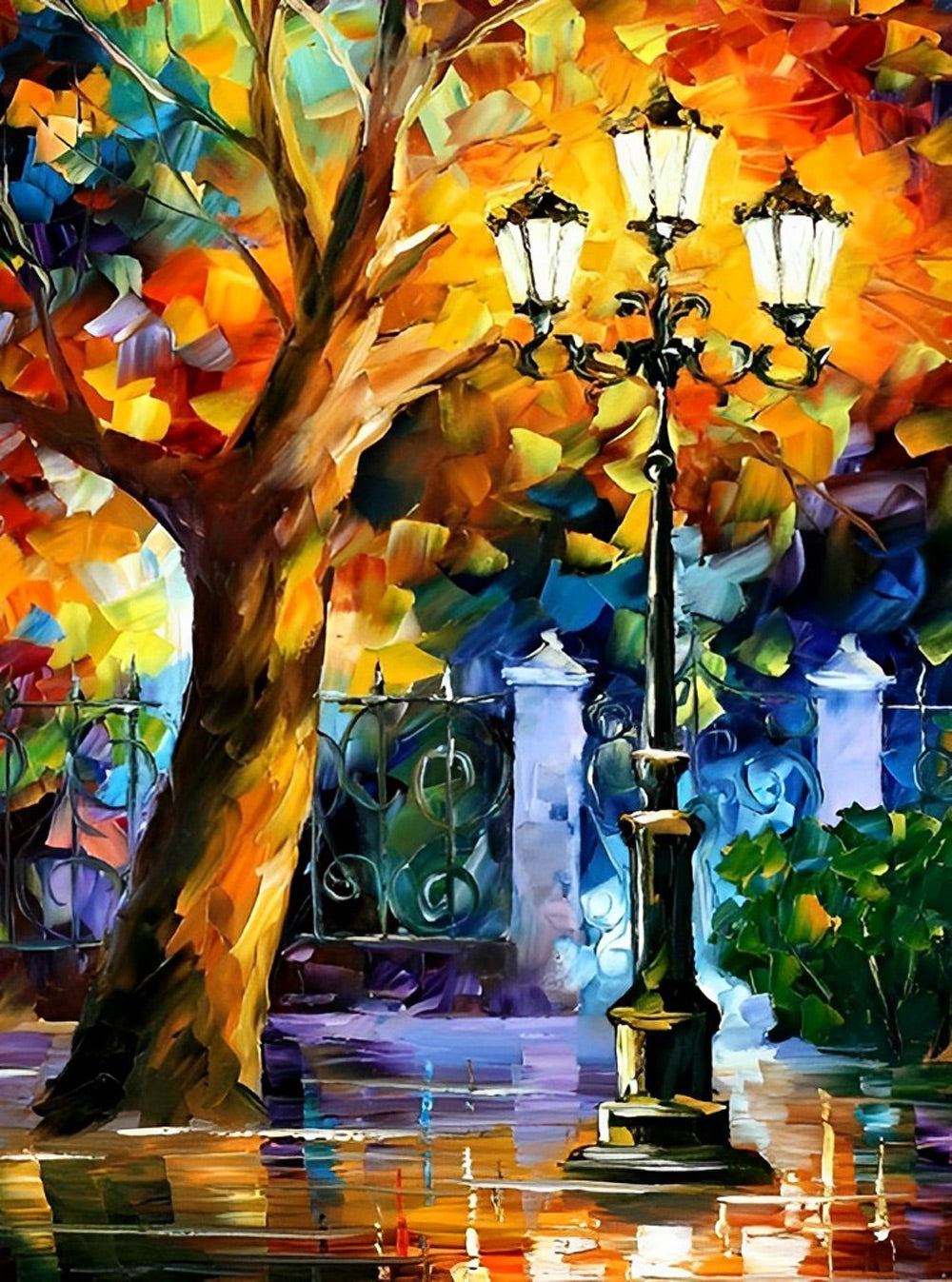 Autumn Tree and Lamppost Diamond Painting