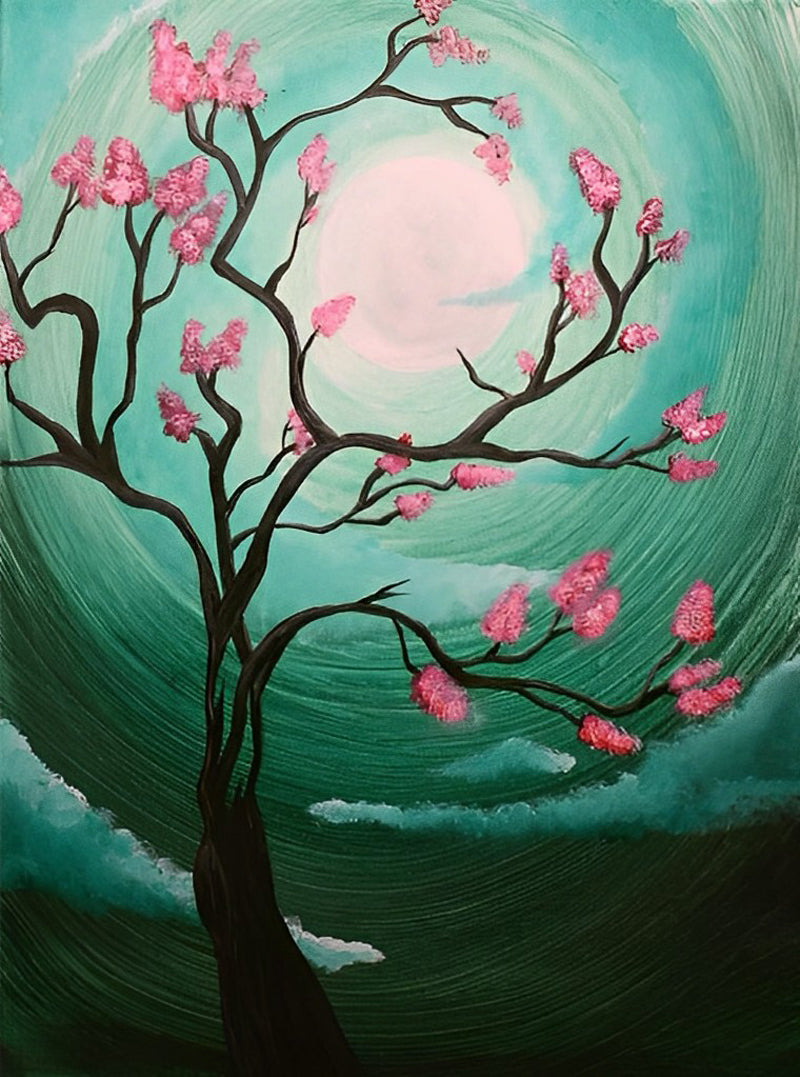 Tree of Pink Flowers and the Moon Diamond Painting