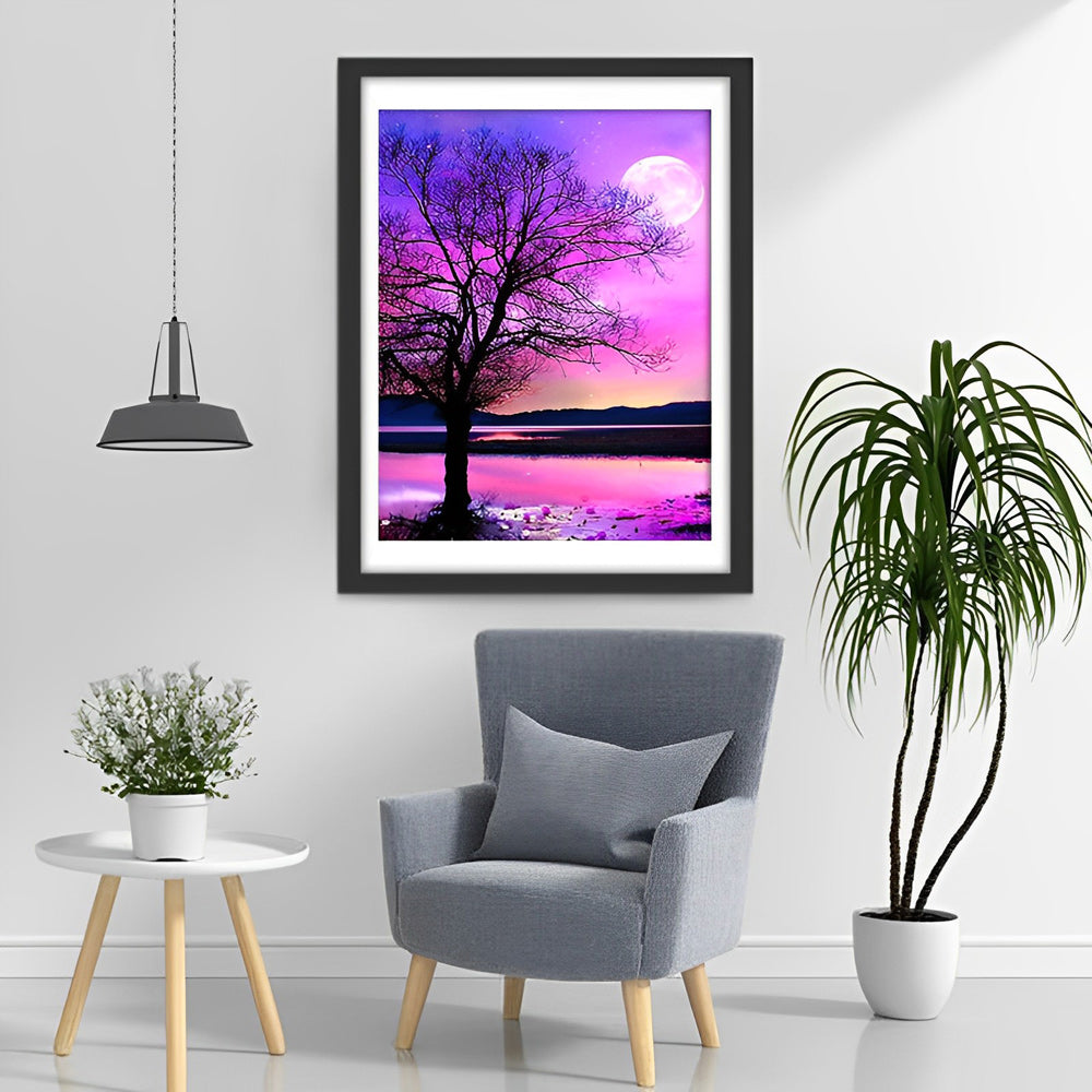 Tree and Moon with Purple Sky Diamond Painting