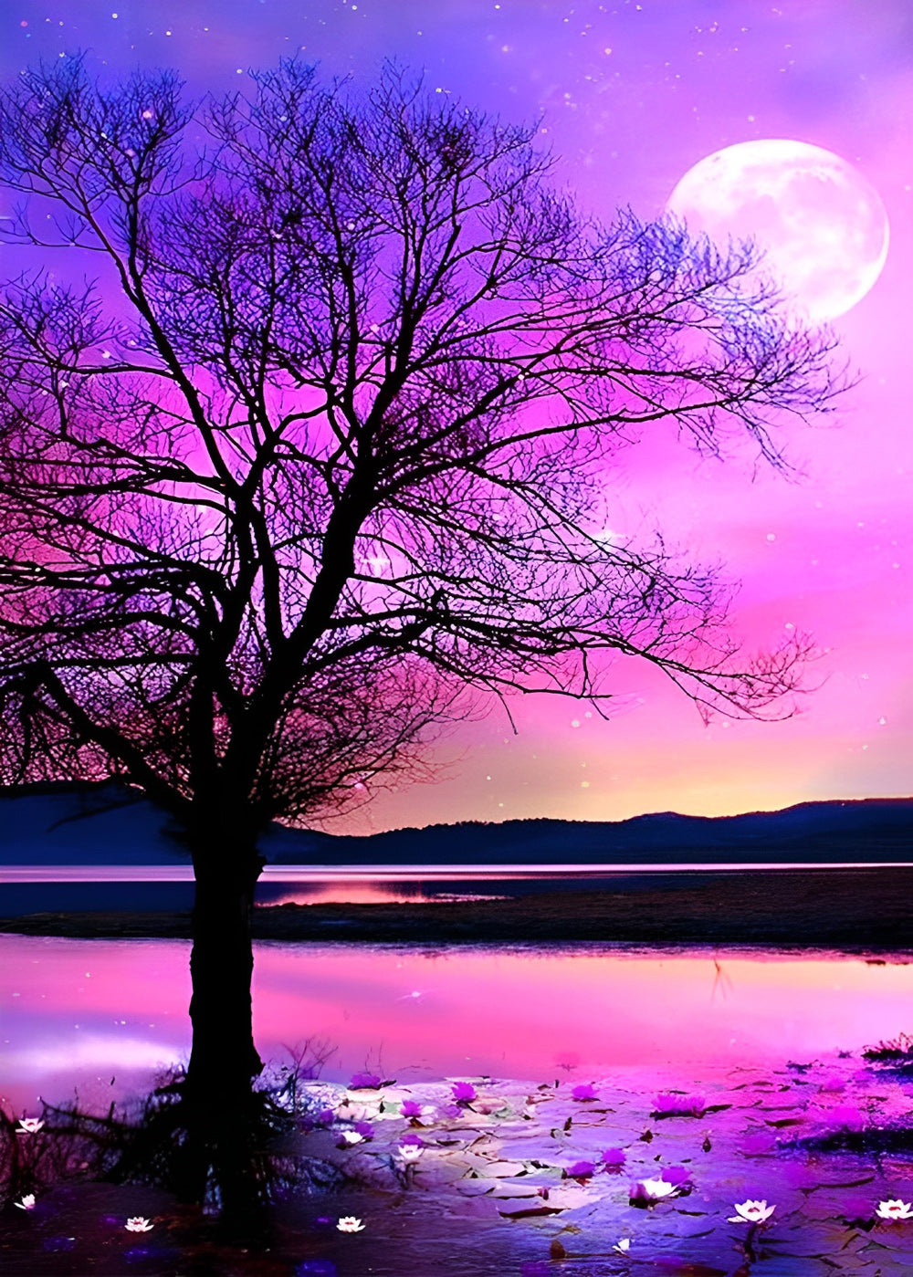 Tree and Moon with Purple Sky Diamond Painting