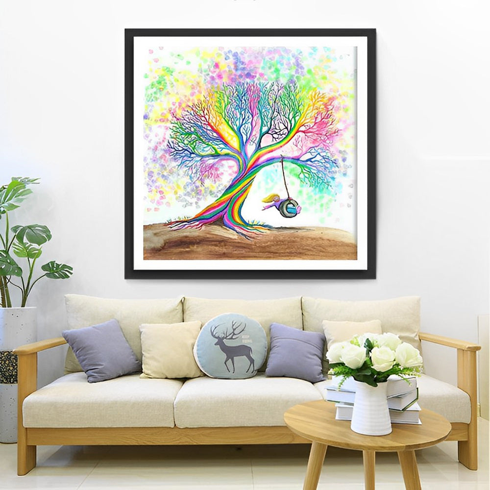 Brightly Colored Tree and Playing Girl Diamond Painting