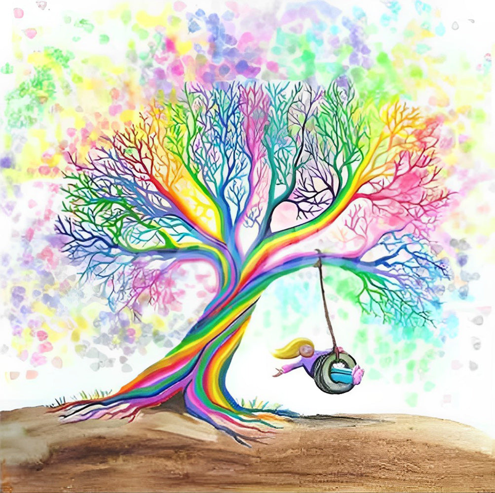 Brightly Colored Tree and Playing Girl Diamond Painting