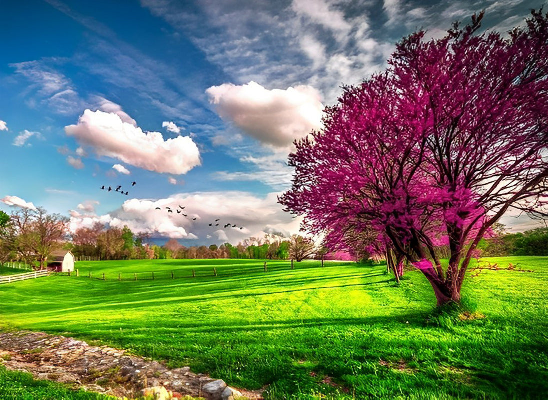 Pink Tree and Lawn Diamond Painting