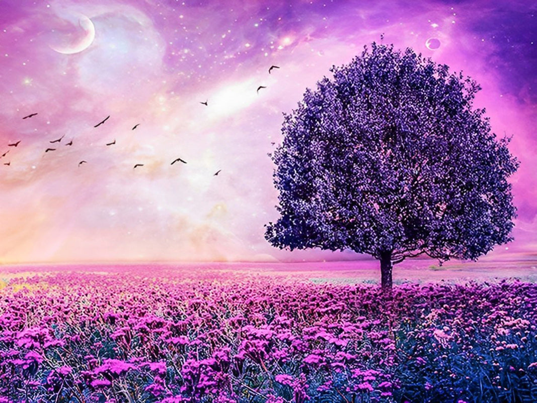 Purple Tree and Flowers Diamond Painting