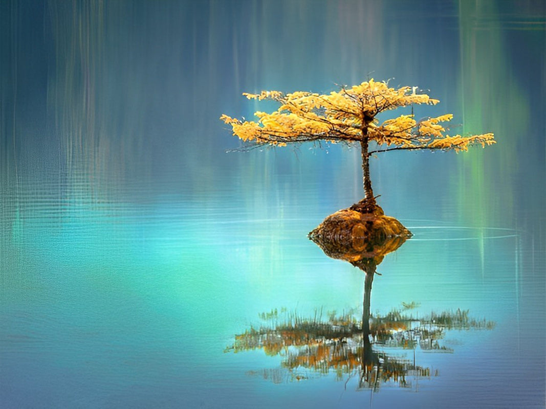Tree with Golden Leaves in the Middle of Water Diamond Painting
