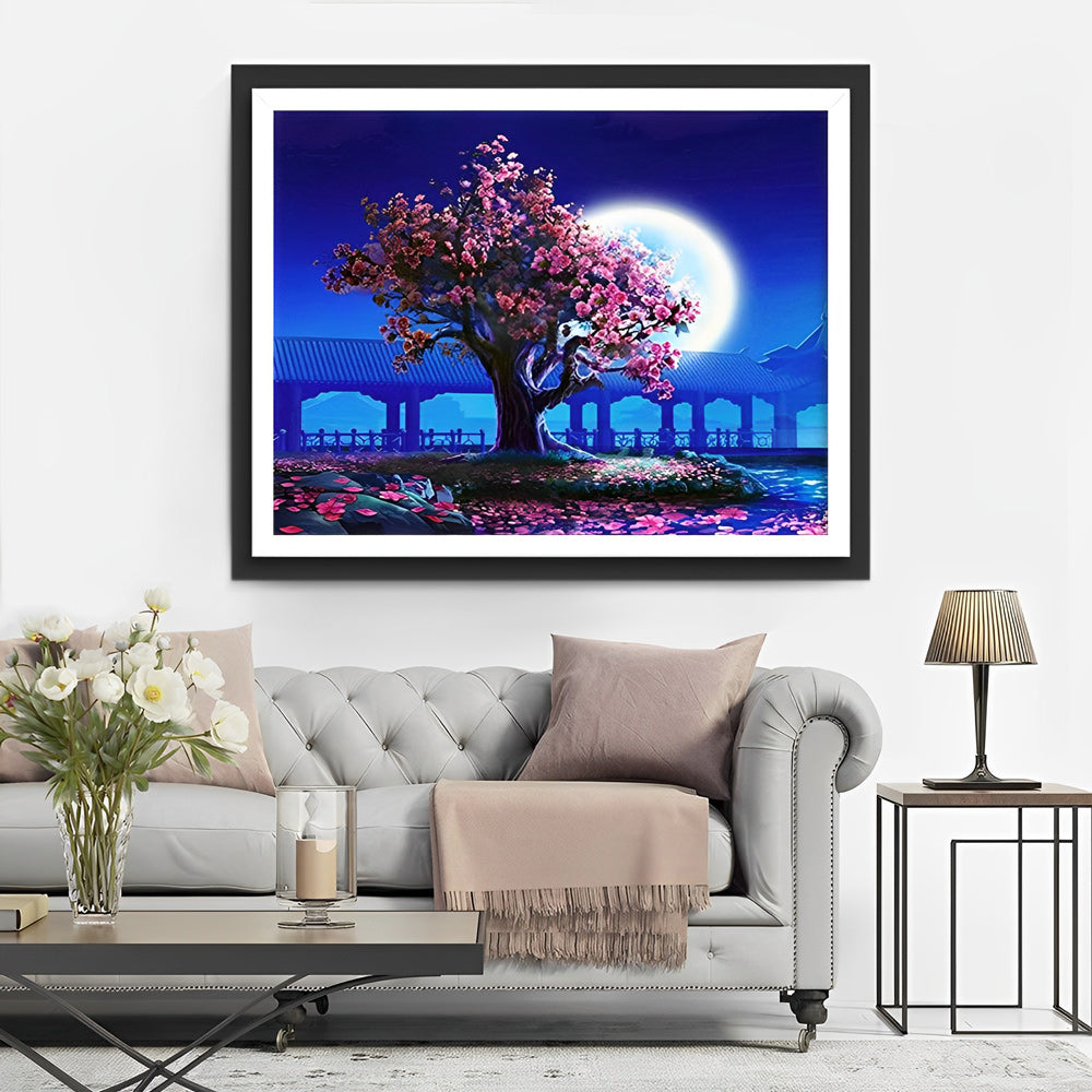 Tree of Pink Flowers and the Moon Diamond Painting