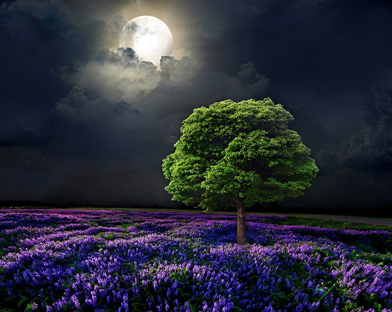 Tree and Lavender at Night Diamond Painting