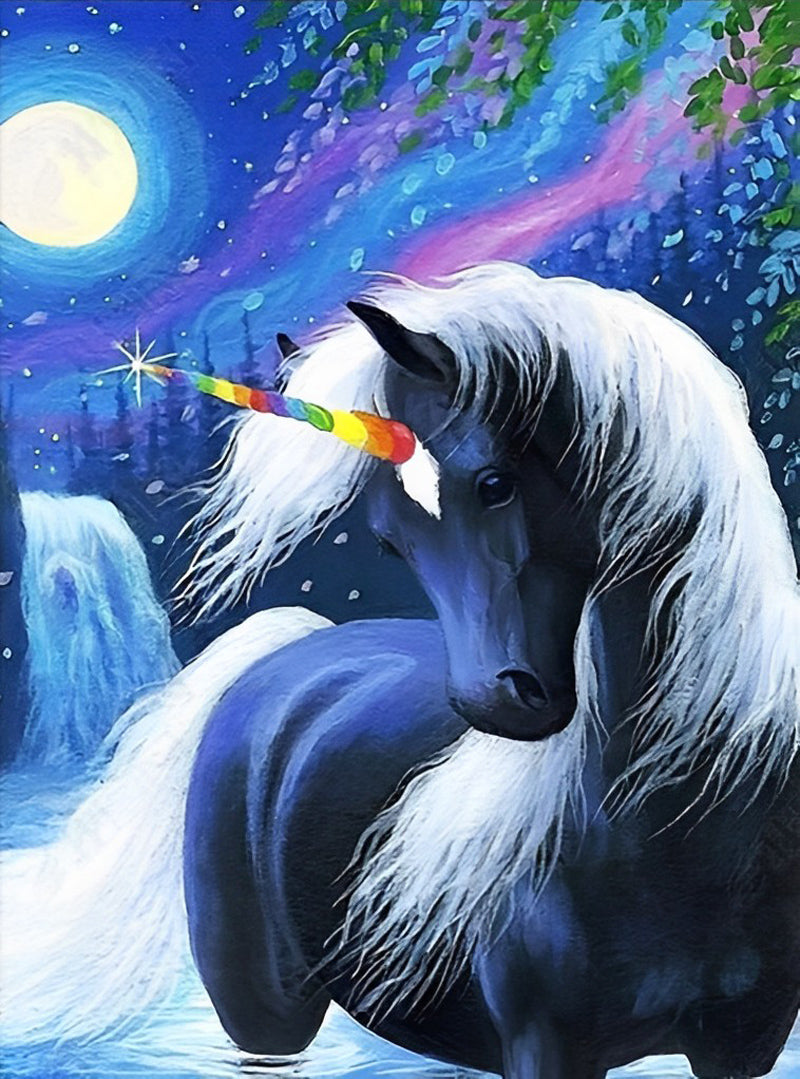 Black Unicorn with Colorful Horn Diamond Painting