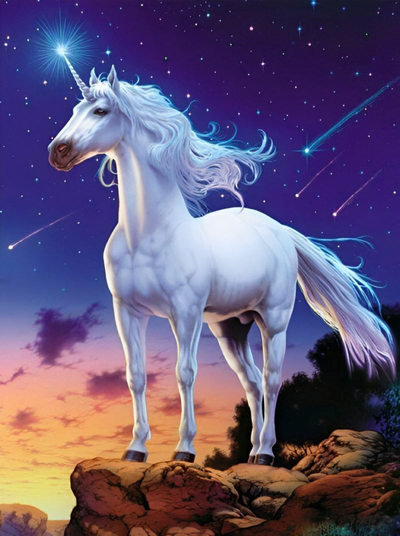 White Unicorn at the Top of the Cliff and Shooting Stars Diamond Painting