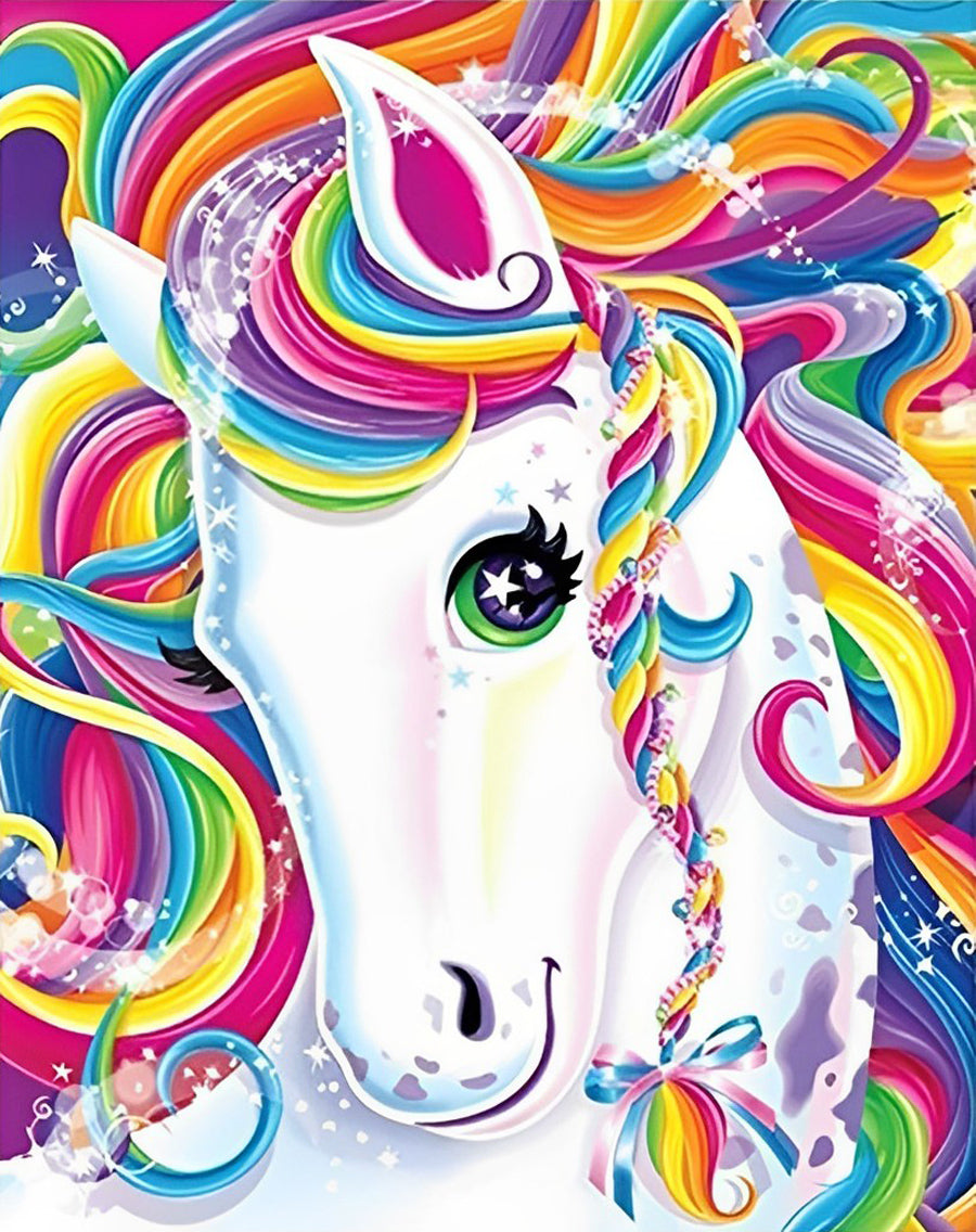White Horse with Multicolored Mane Diamond Painting