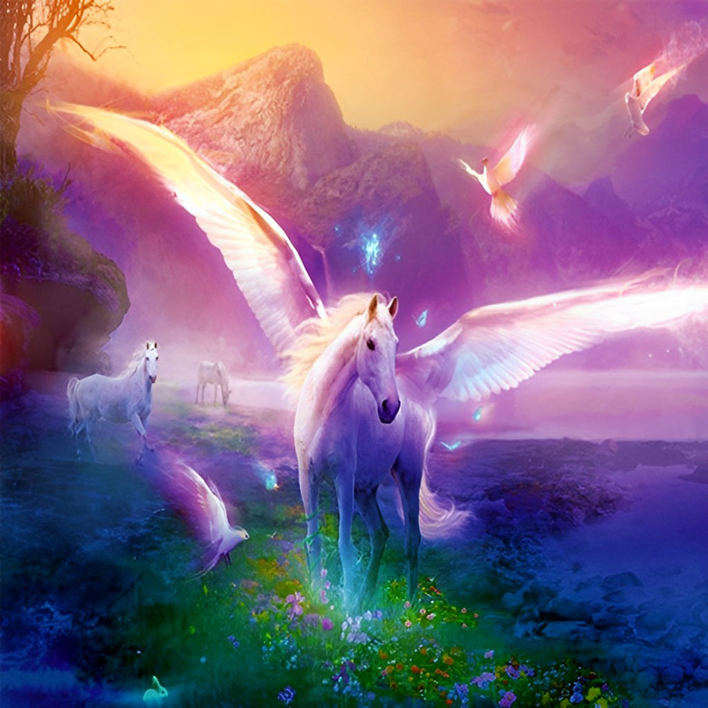 Unicorn with Wings and Purple Mountains Diamond Painting