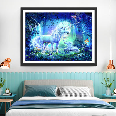 Mother Unicorn and Her Baby in the Forest Diamond Painting