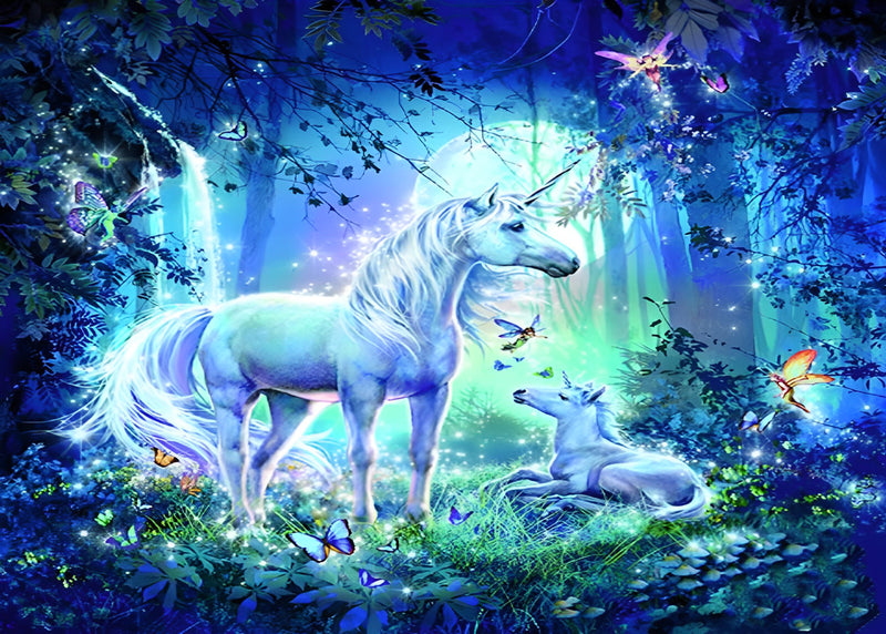 Mother Unicorn and Her Baby in the Forest Diamond Painting