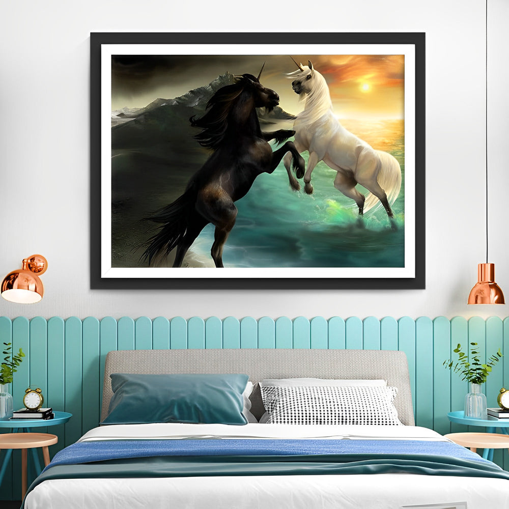 White and Black Unicorns Flying Diamond Painting