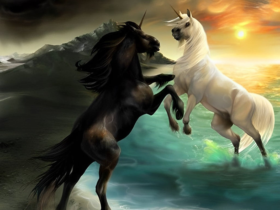 White and Black Unicorns Flying Diamond Painting