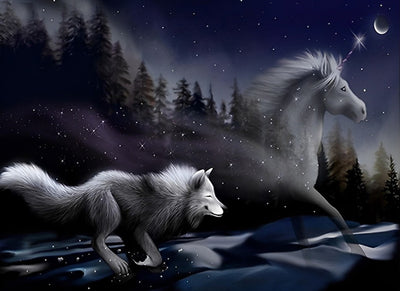 White Unicorn and Wolf 5D DIY Diamond Painting Kits