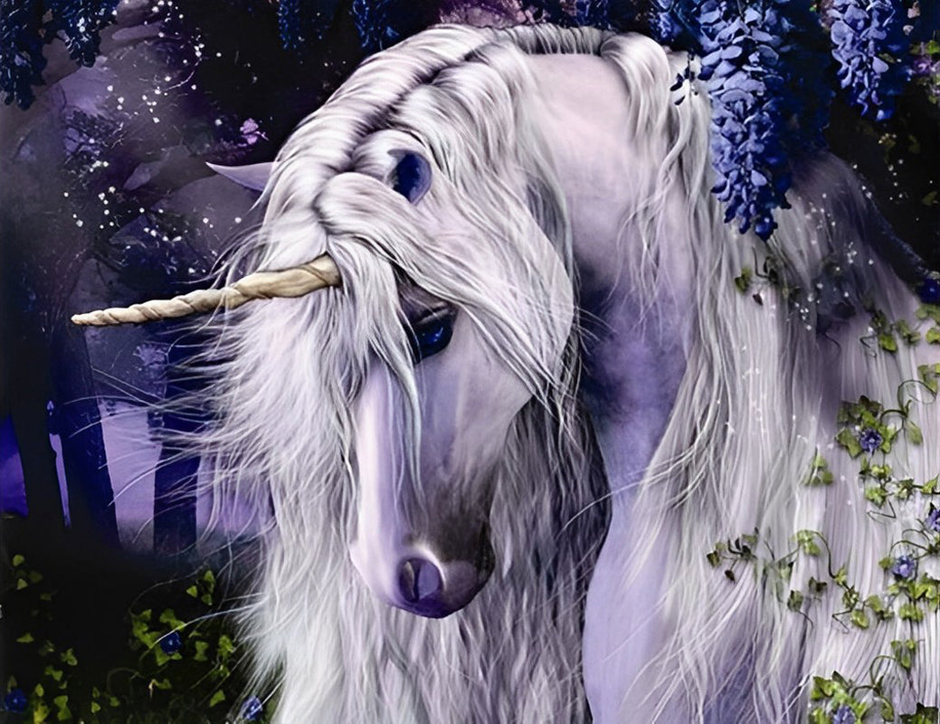 White Unicorn and Purple Flowers Diamond Painting