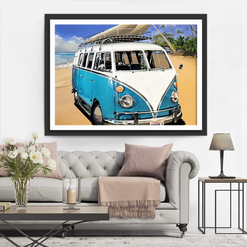 Blue and White Vehicle on the Beach Diamond Painting