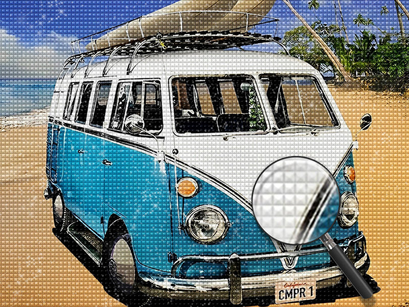 Blue and White Vehicle on the Beach Diamond Painting