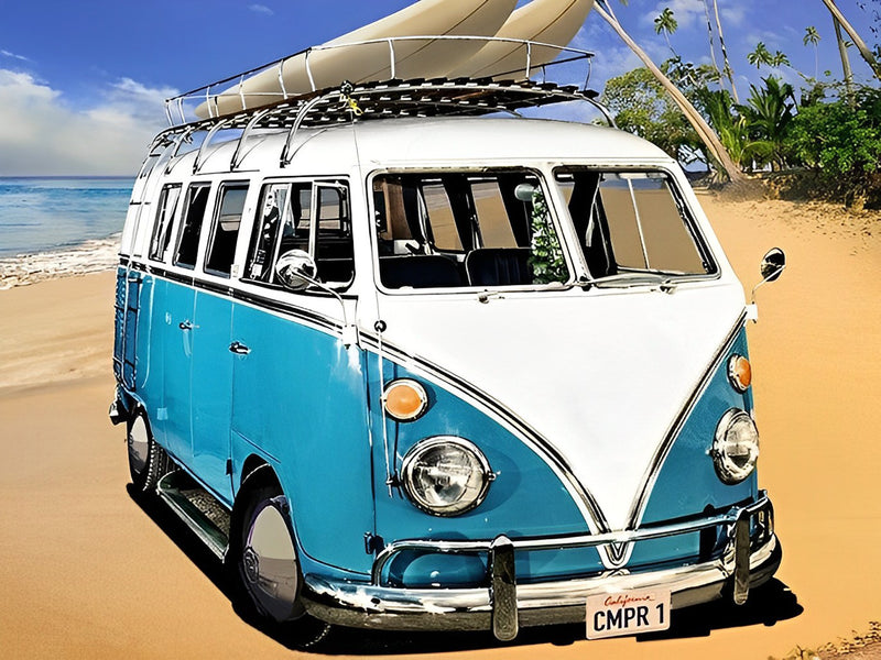 Blue and White Vehicle on the Beach Diamond Painting