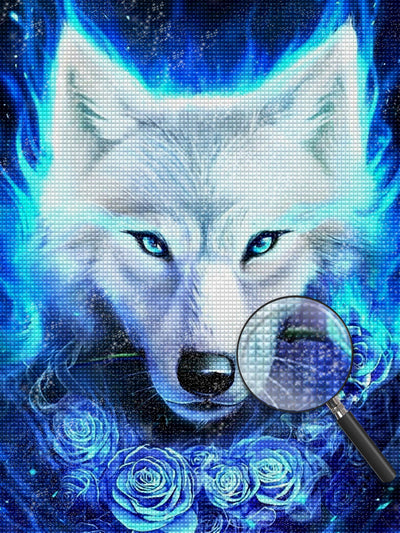 White Wolf and Blue Roses Diamond Painting