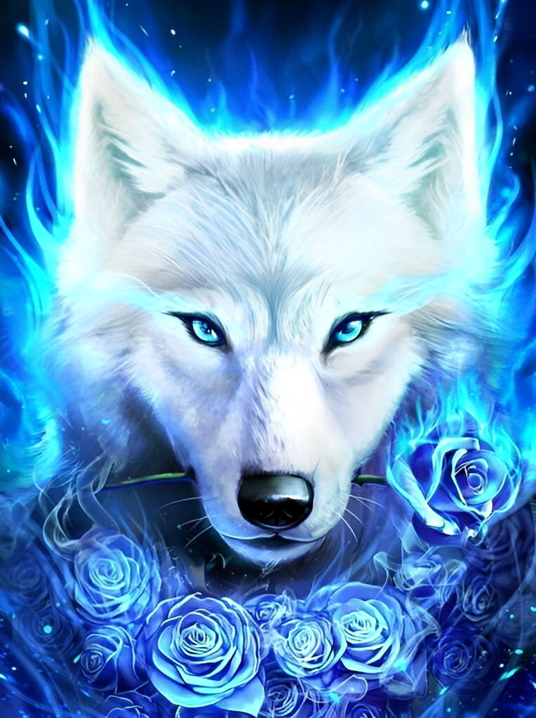 White Wolf and Blue Roses Diamond Painting