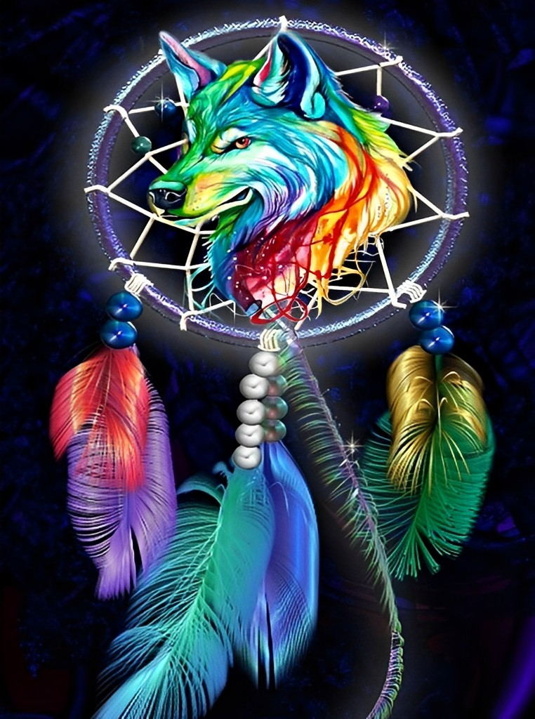 Colorful Wolf and Dreamcatcher Diamond Painting