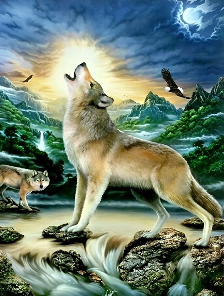 Wolf Howling in the Mountains Diamond Painting
