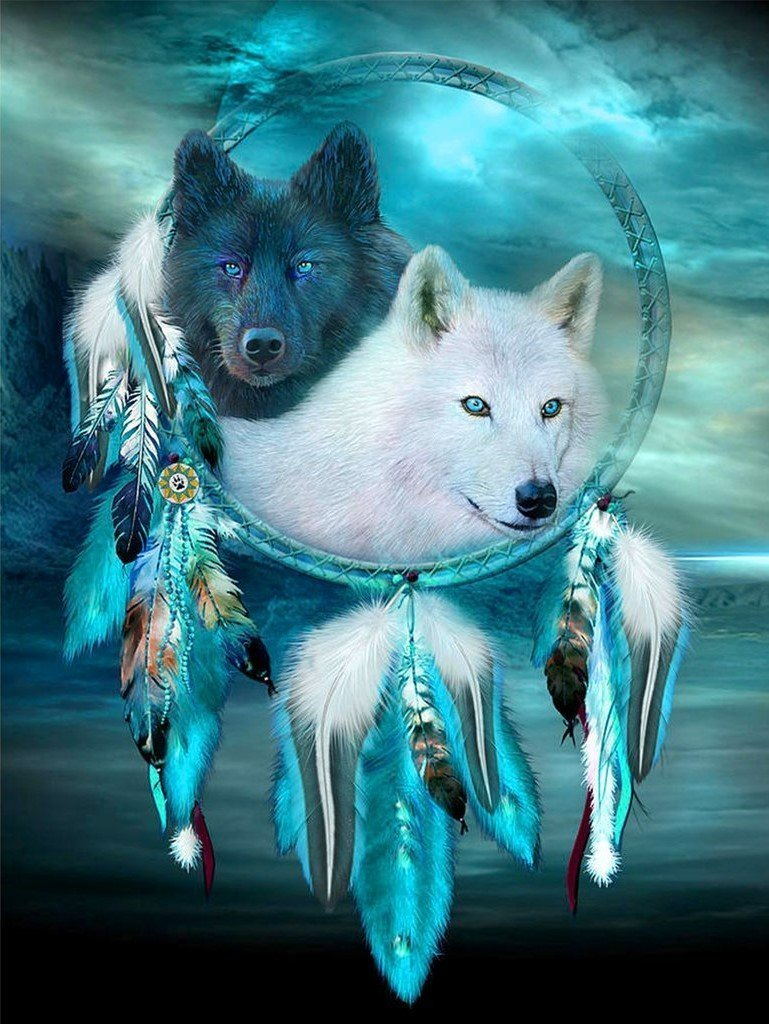 White Wolf and Black Wolf with Dreamcatcher Diamond Painting