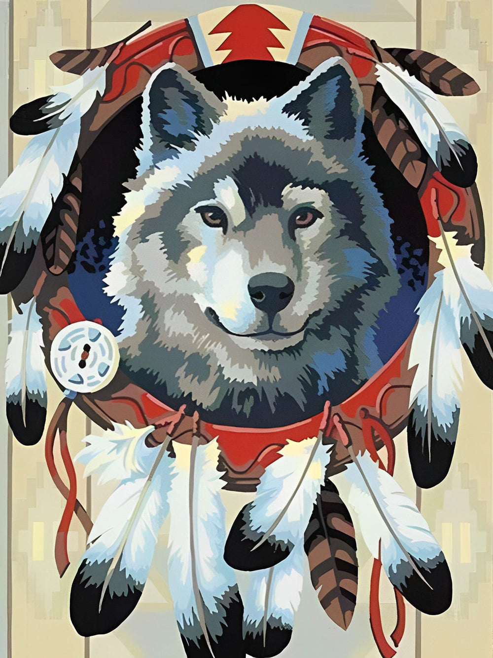 Gray Wolf and White Feathers Diamond Painting