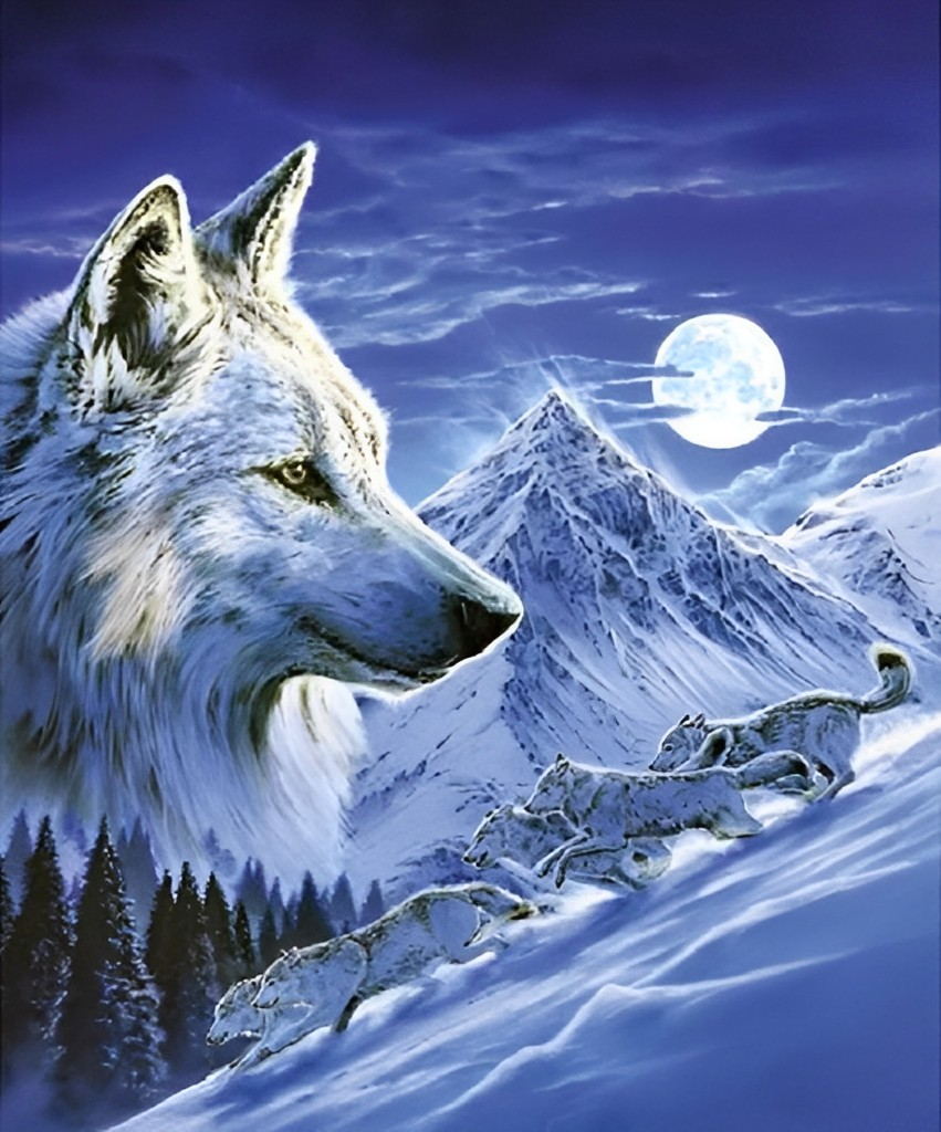 Wolf, Snowy Mountain and Moon Diamond Painting
