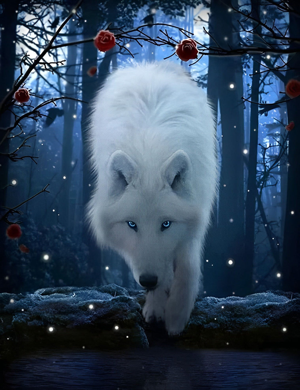 White Wolf and Red Flowers Diamond Painting
