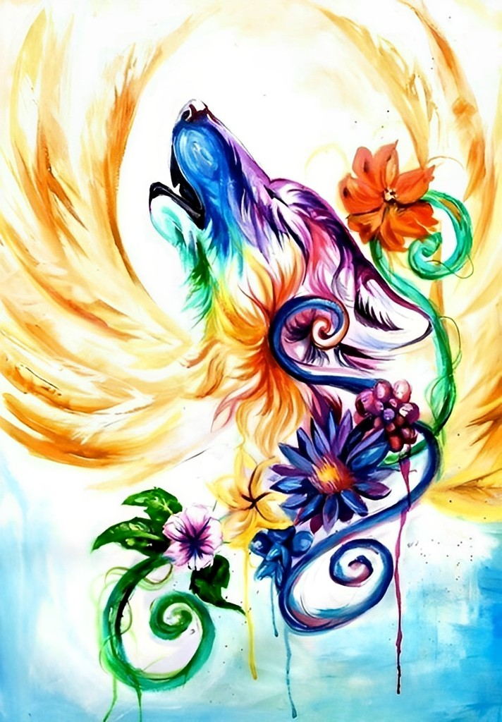 Multicolored Wolf and Different Flowers Diamond Painting