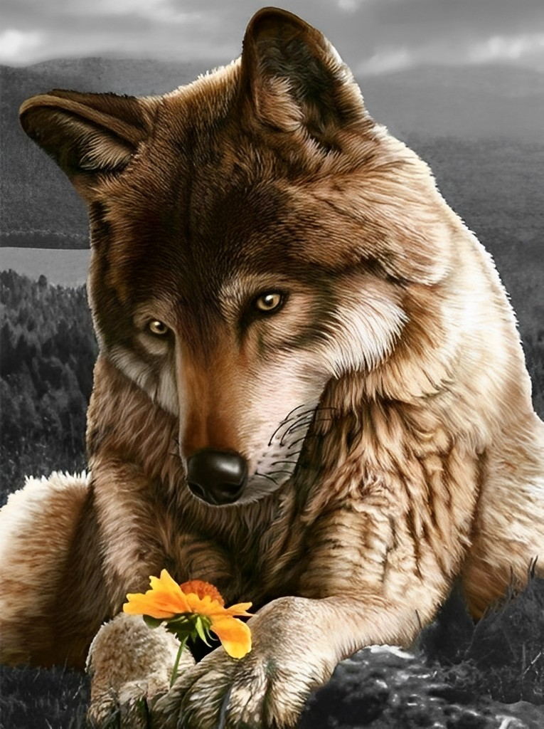 Brown Wolf and Marguerite Diamond Painting