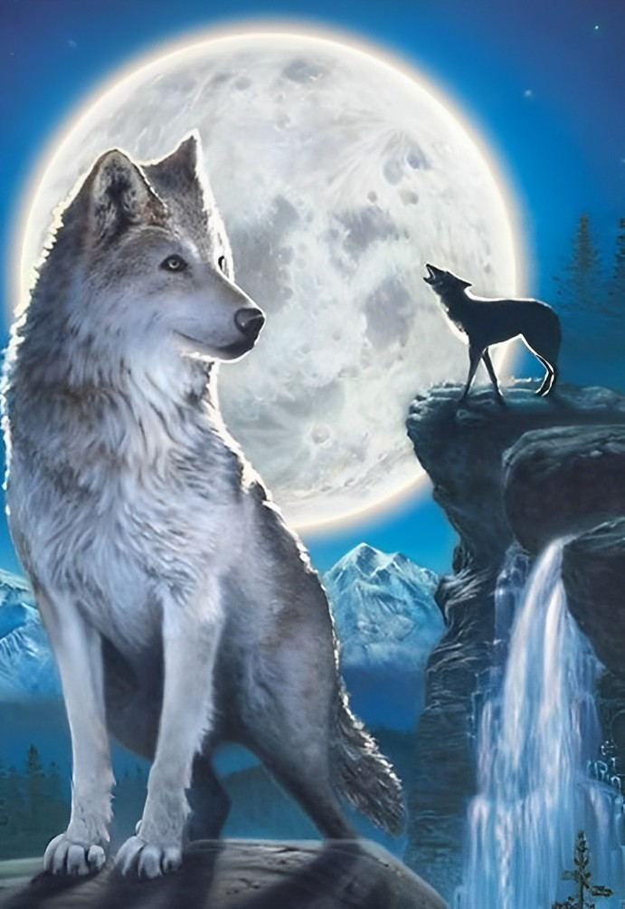 Wolves and Huge Clear Moon Diamond Painting