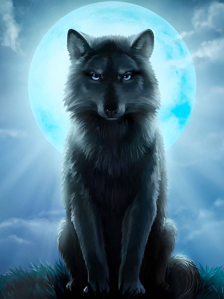 Black Wolf and Blue Moon Diamond Painting