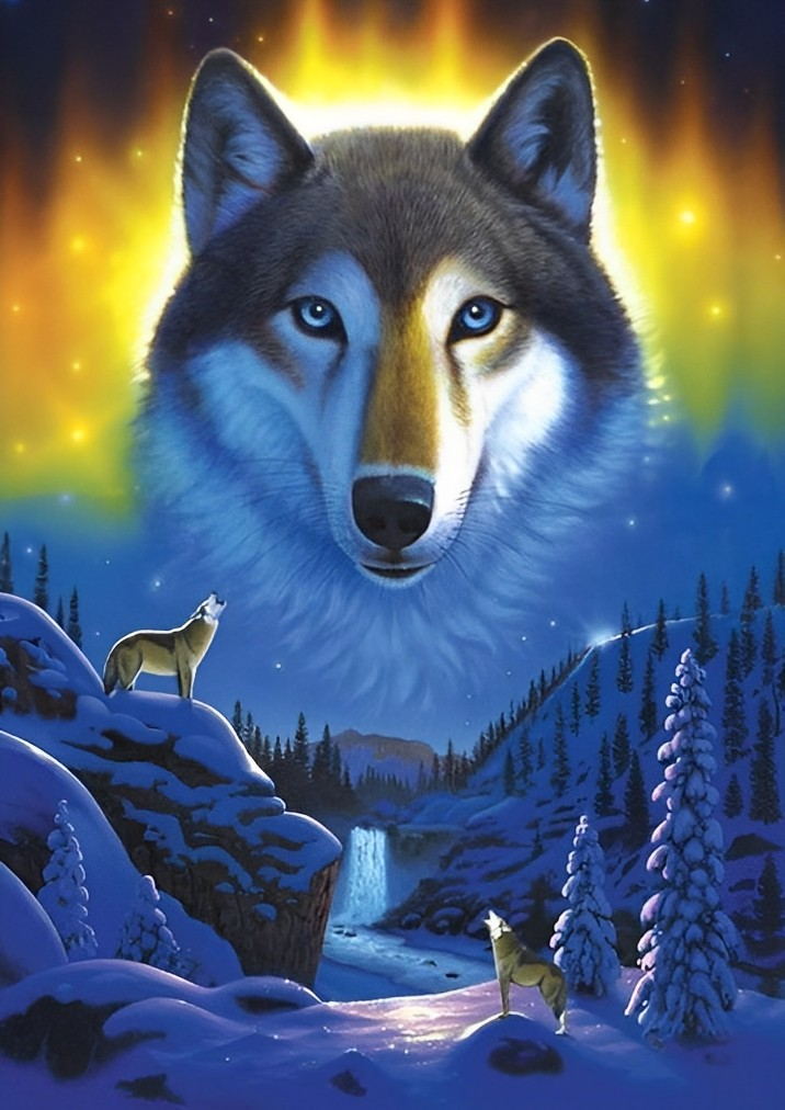 Wolves and Aurora Multicolor Diamond Painting