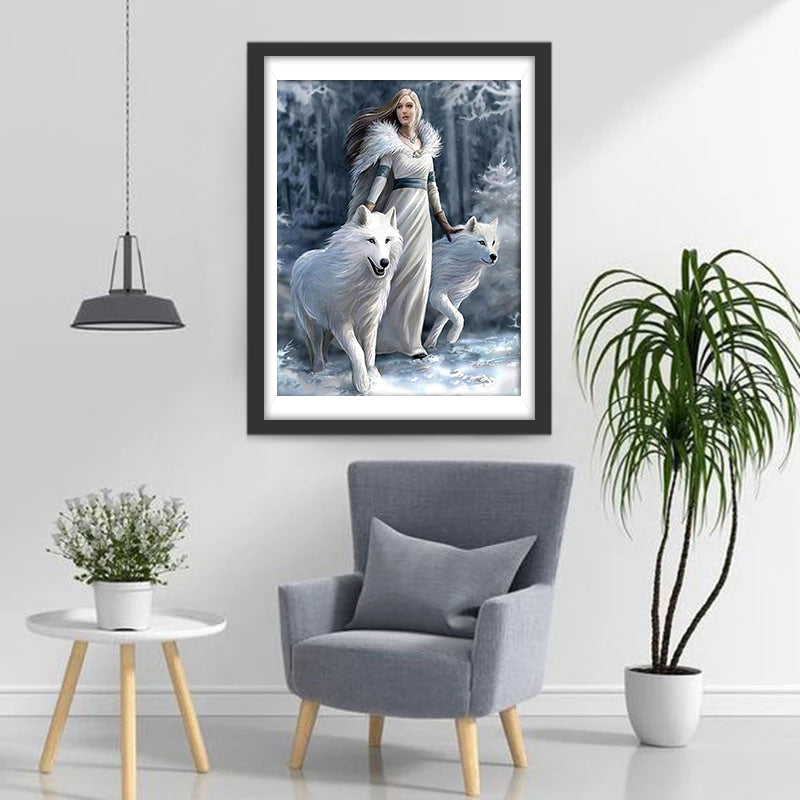 White Wolves and Girl Diamond Painting