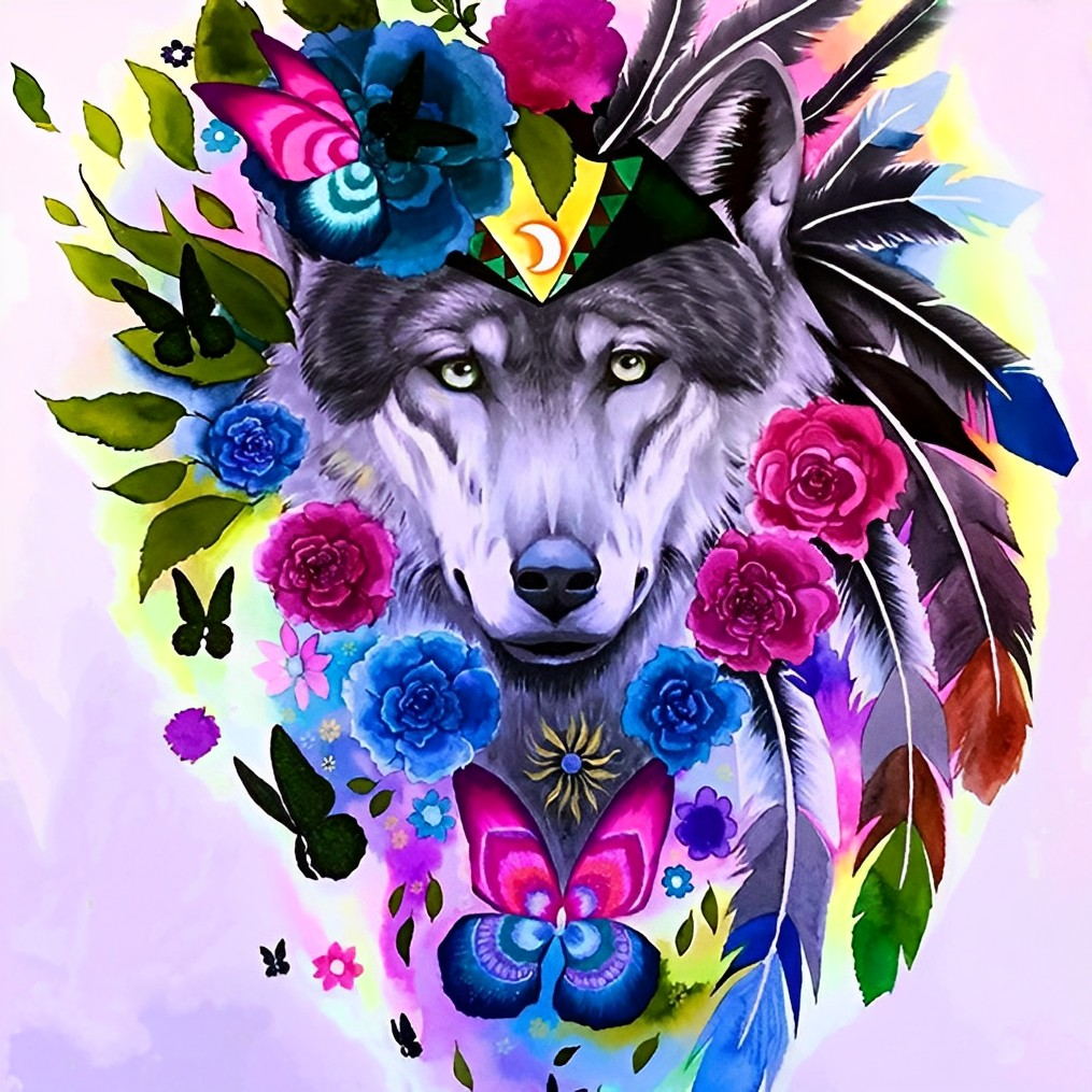 Wolf and Wreath of Roses Diamond Painting