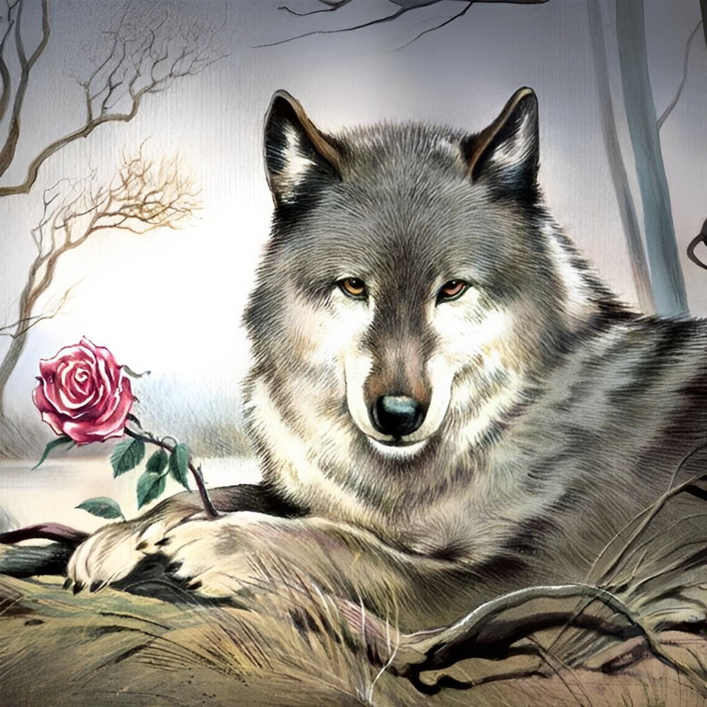 Grey Wolf and Rose Diamond Painting