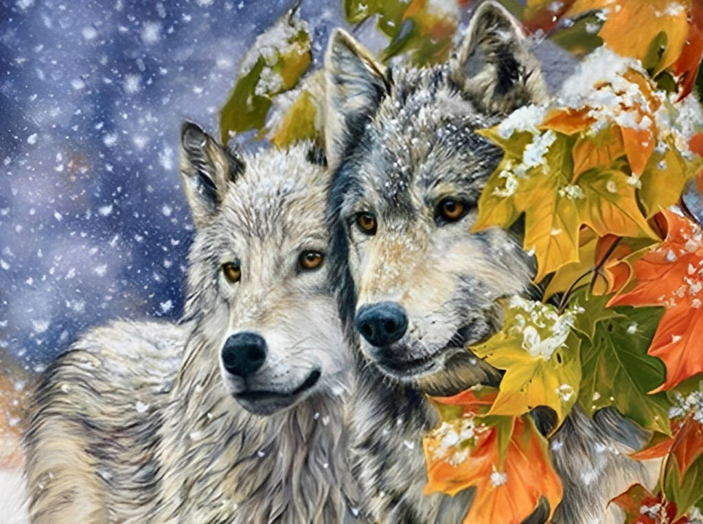 Wolves Huddled and Red Leaves Diamond Painting