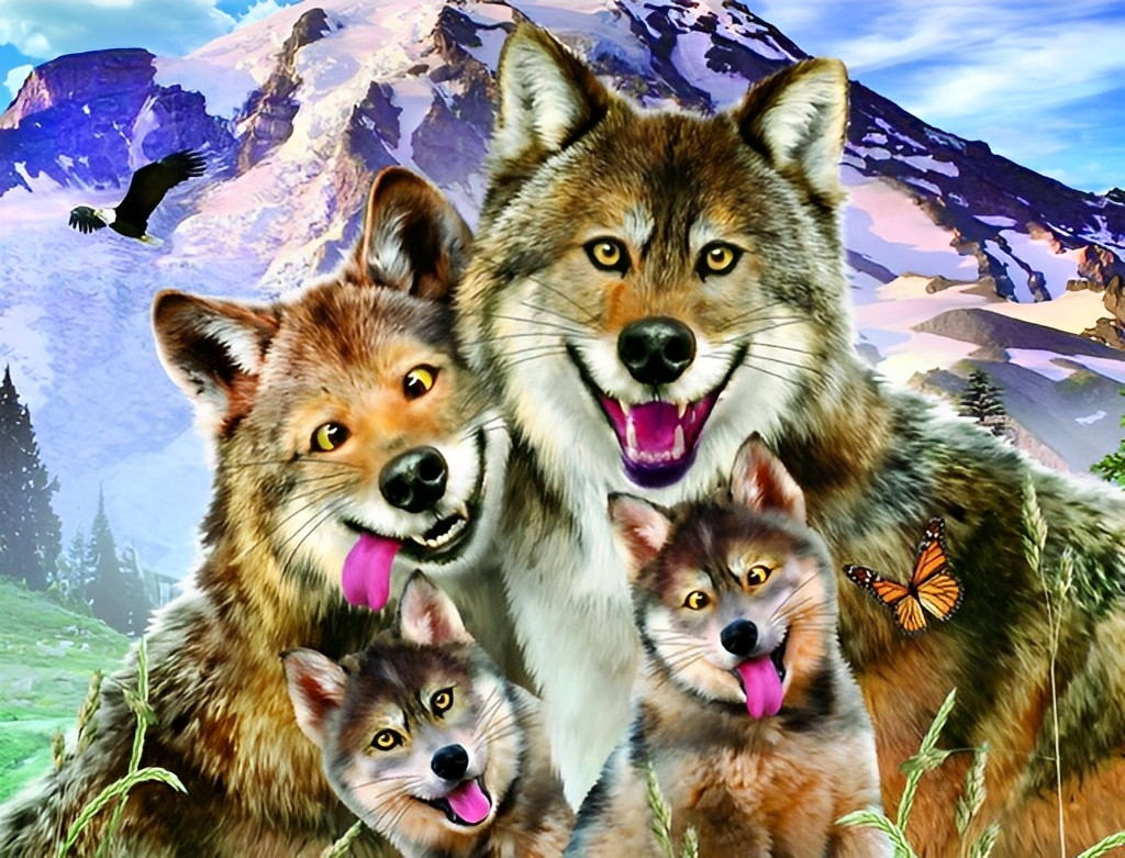 Couple of Wolves and Their Cubs Diamond Painting