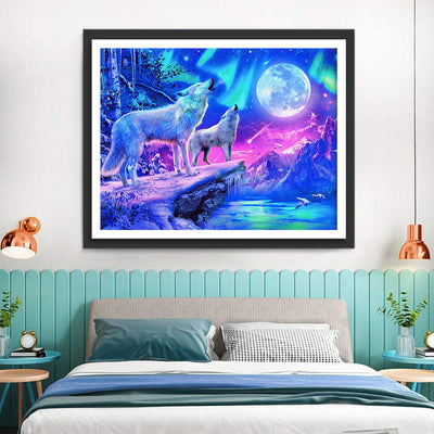 Howling White Wolves and Aurora Polaire Diamond Painting