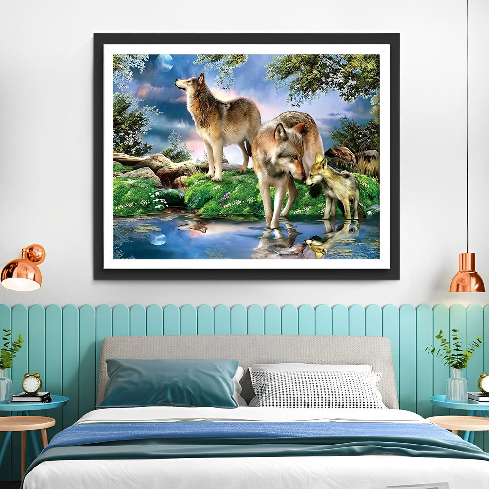 Family of Three Wolves by the Lake Diamond Painting