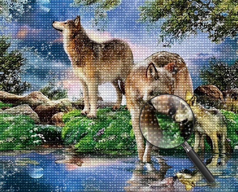 Family of Three Wolves by the Lake Diamond Painting