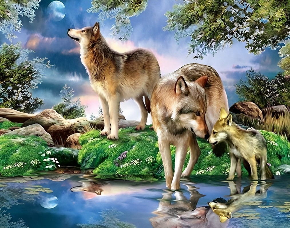 Family of Three Wolves by the Lake Diamond Painting