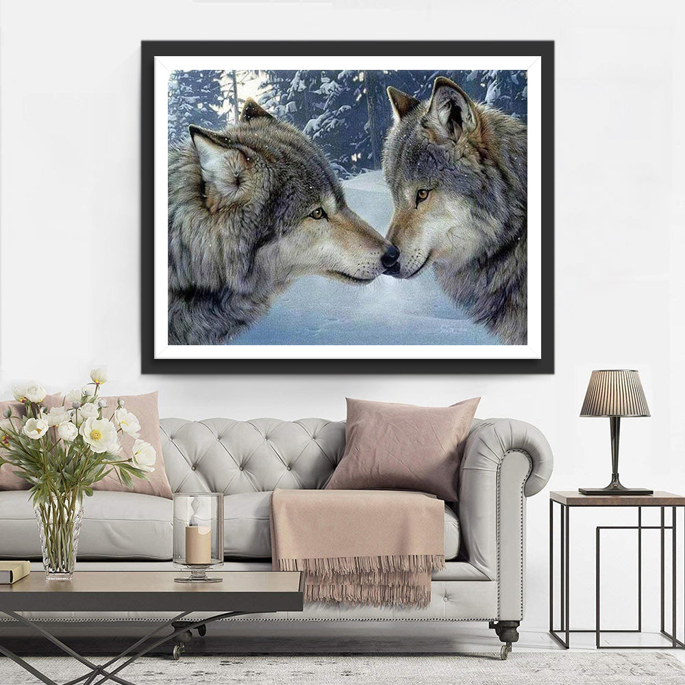 Two Gray Wolves Touching Their Nose Diamond Painting
