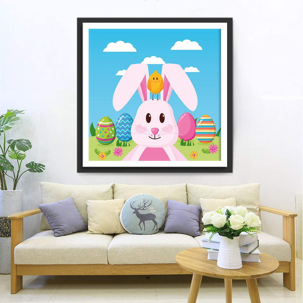 Pink Rabbit and Chicken Easter Cartoon Diamond Painting